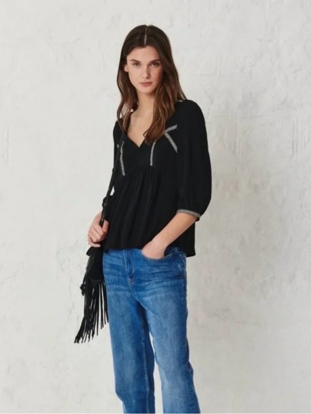 BA&SH AMBER BLACK BLOUSE V-Neck Peasant with Contrast Trim size L
